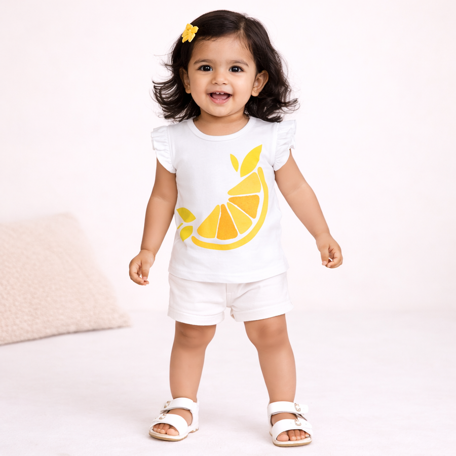 Girls Cotton Top with Citrus Embroidered Print & Ruffle Sleeves