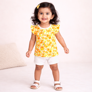 Lemon Print Cotton Ruffle Sleeve Top For Girls