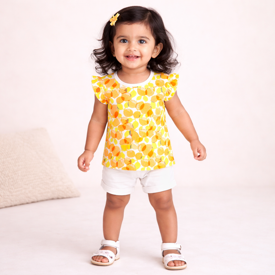 Lemon Print Cotton Ruffle Sleeve Top For Girls