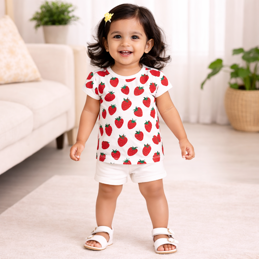 Girls Cotton T-Shirt Combo (Pack of 2) – Strawberry Print & Red Striped