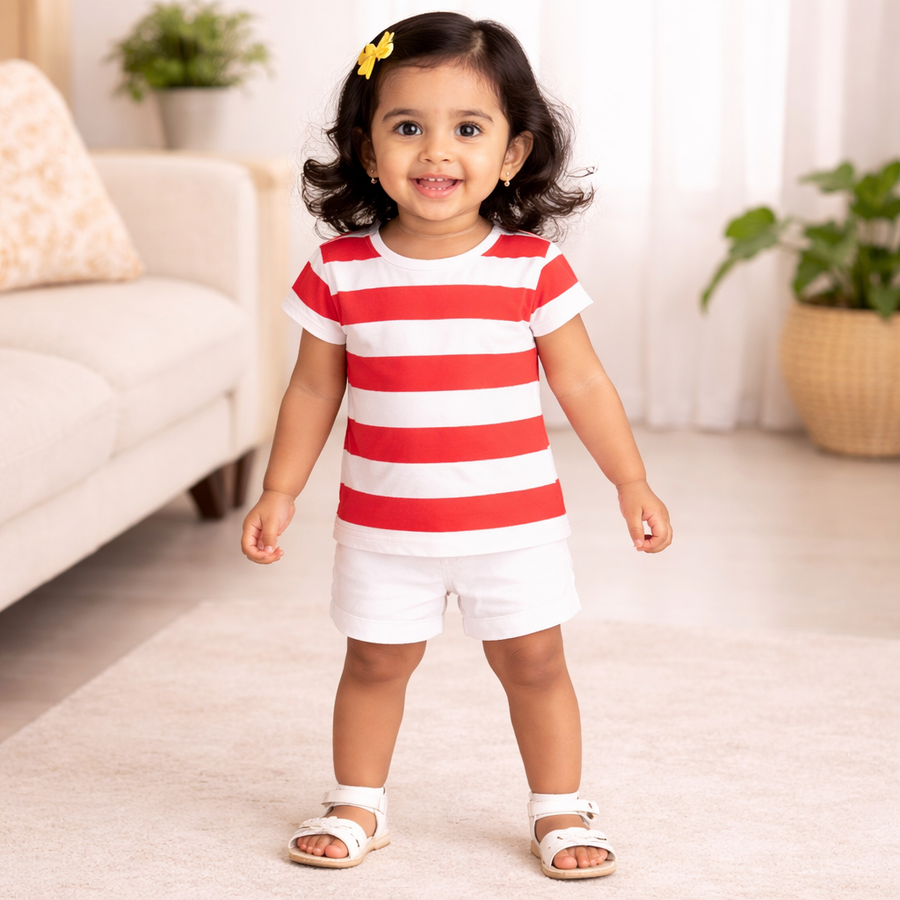 Girls Cotton T-Shirt Combo (Pack of 2) – Strawberry Print & Red Striped