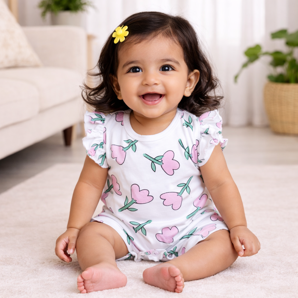 Baby Girl Combo Rompers (Pack of 2) – Floral Print & Blue Ruffle Sleeve