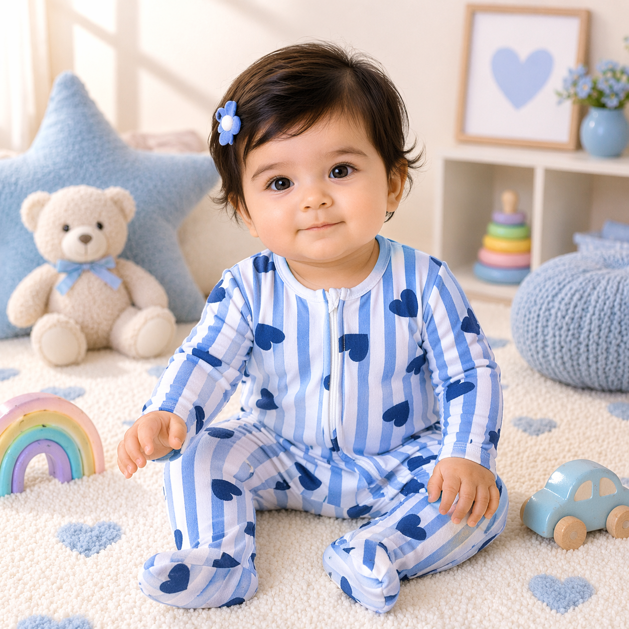 Baby Heart Print Blue & Deep Pink Zipper Rompers (Pack of 2)