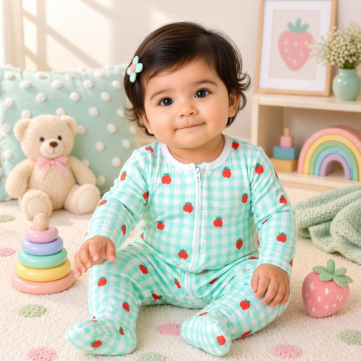 Baby Strawberry Print Cotton Zipper Romper – Mint Check
