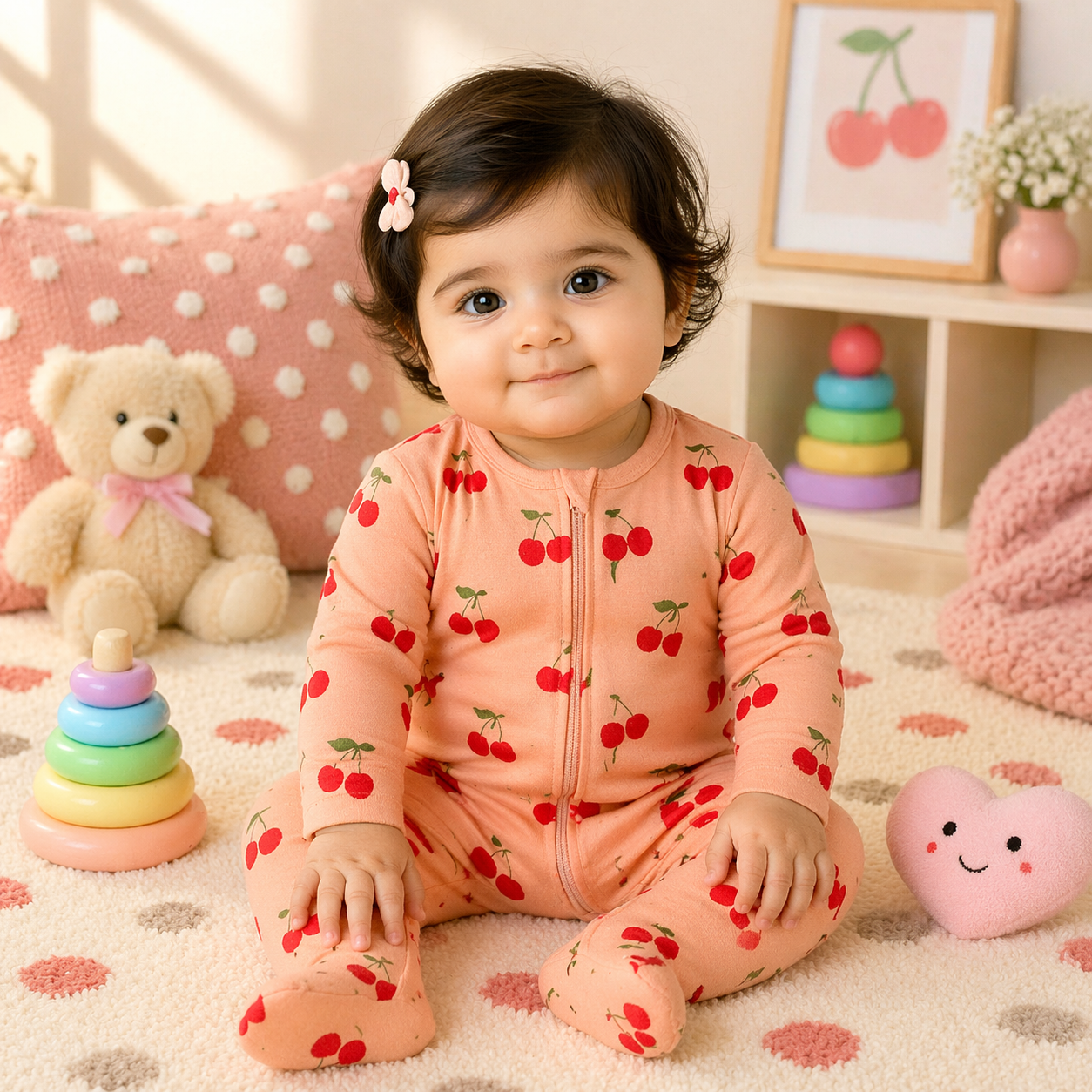 Peach Cherry Print Baby Cotton Zip-Up Romper