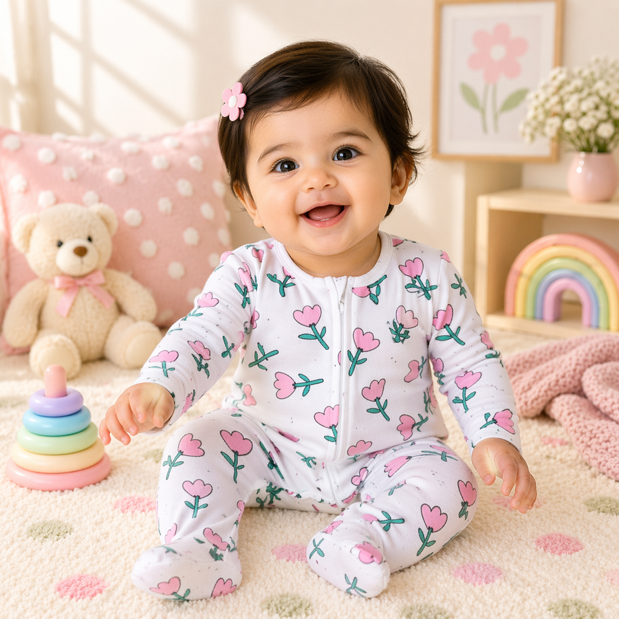 Baby Pink Floral Print Cotton Zip-Up Romper