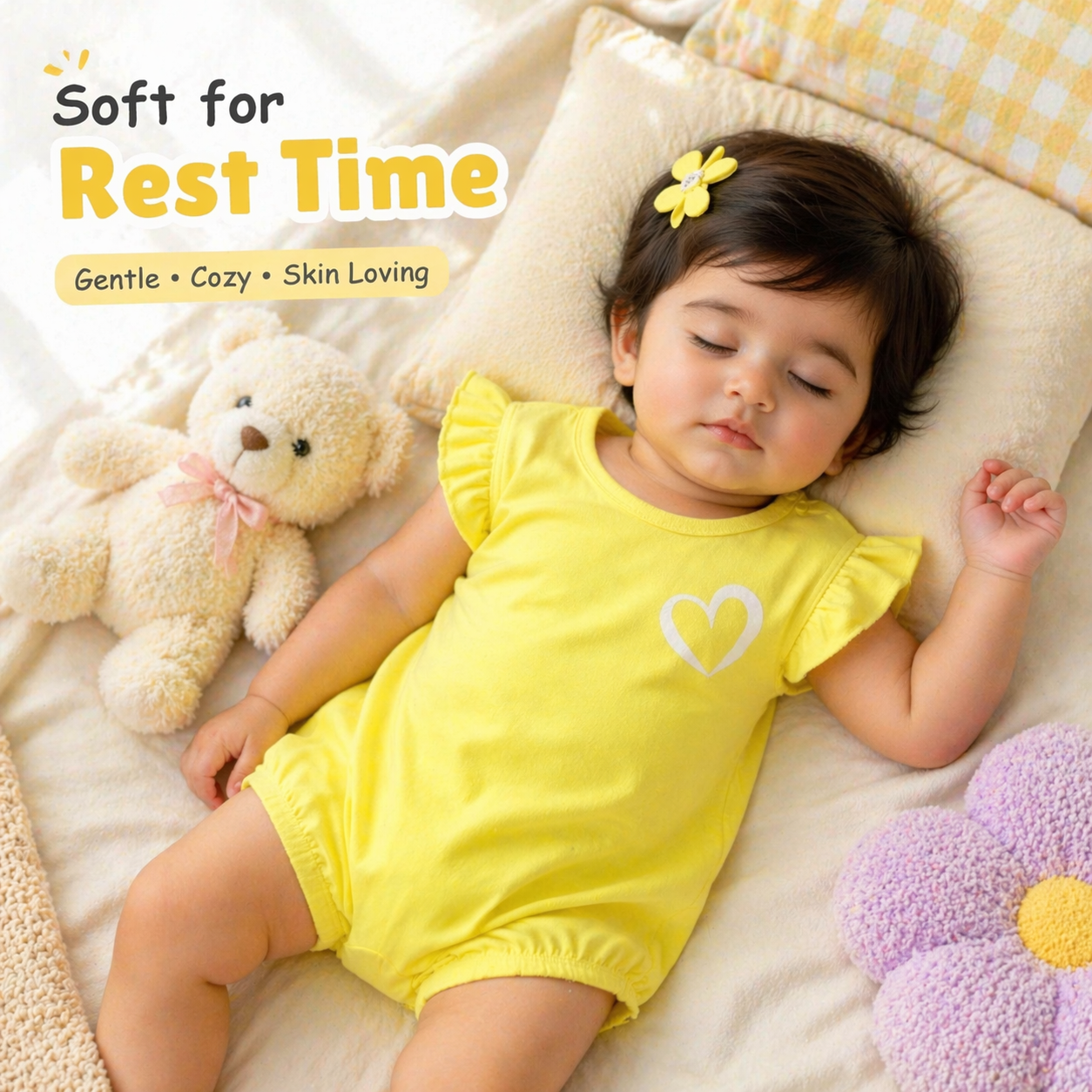 Baby Girl Cotton Romper – Lime Heart Print with Ruffle Sleeves