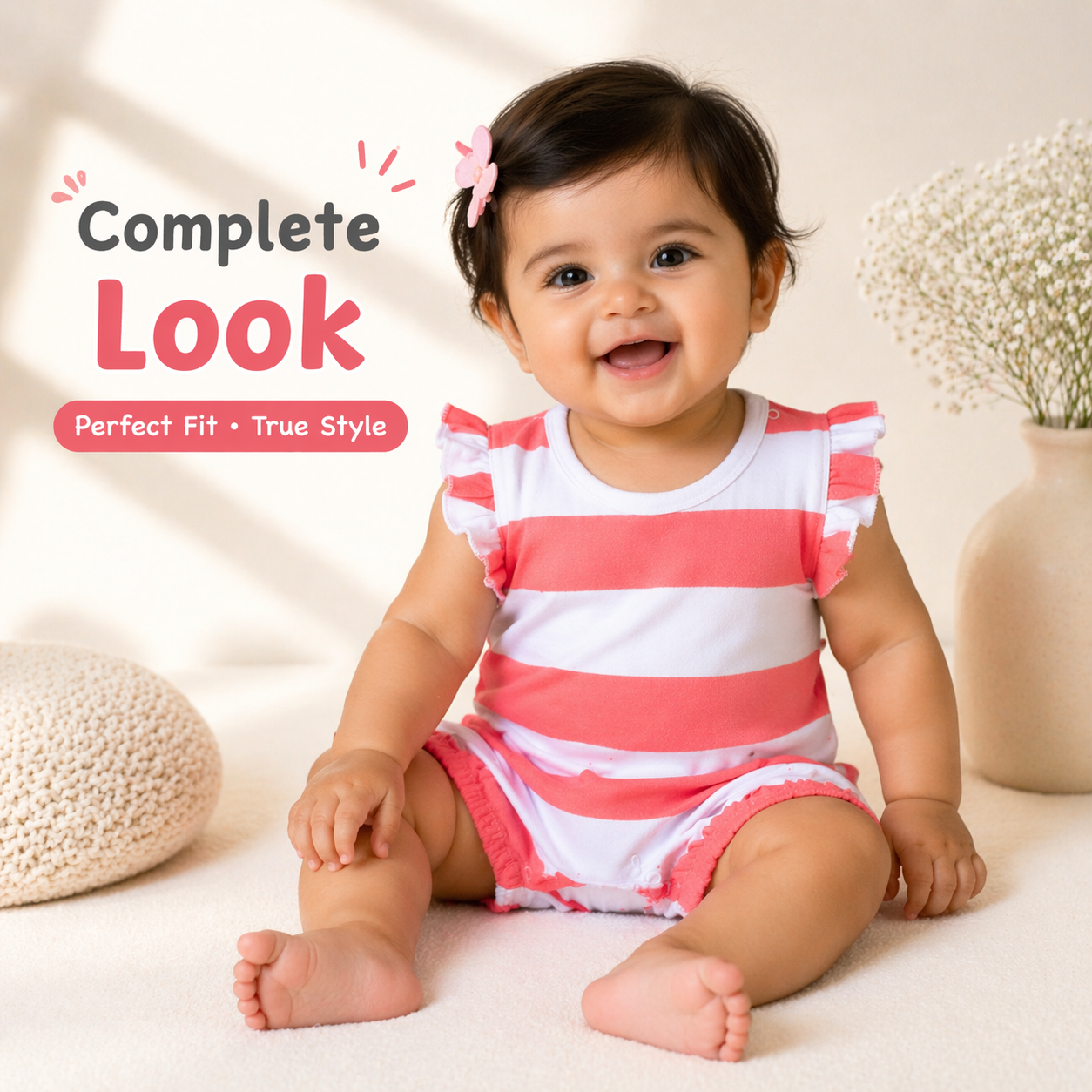 Baby Girl Cotton Red & White Striped Romper –Ruffle Sleeve Style