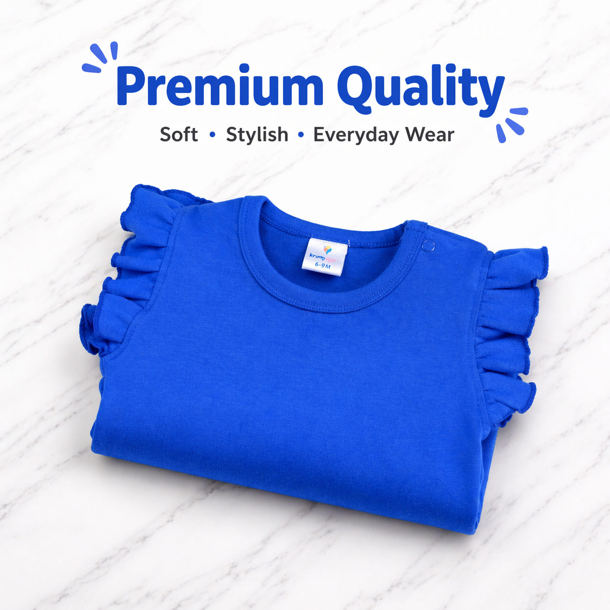 Girls Solid Blue Cotton Romper  – Ruffle Sleeve Style