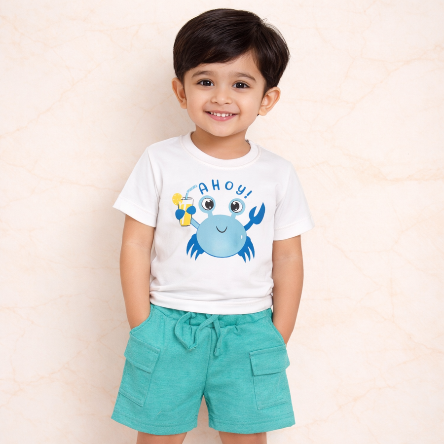 Boys Cotton Crab Print T-Shirt & Shorts Set