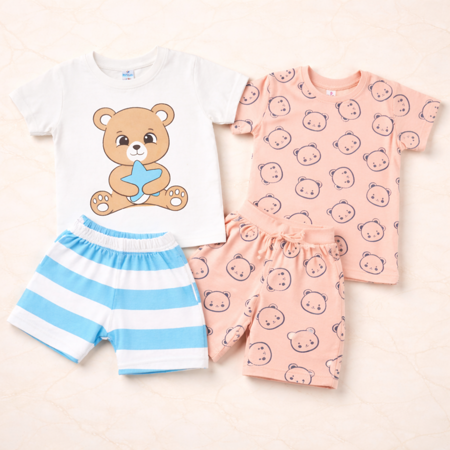 Boys Bear Print T-Shirt & Shorts Combo Set (Pack of 2)