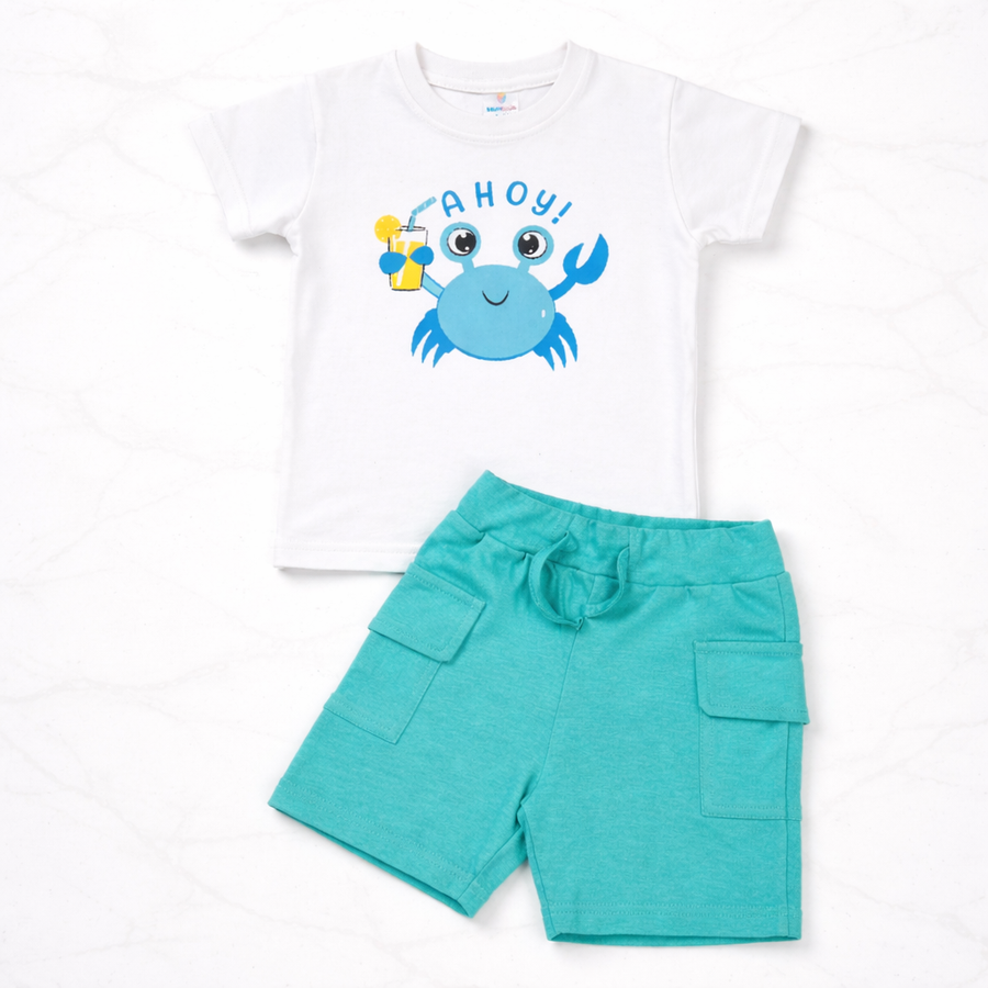 Boys Cotton Crab Print T-Shirt & Shorts Set