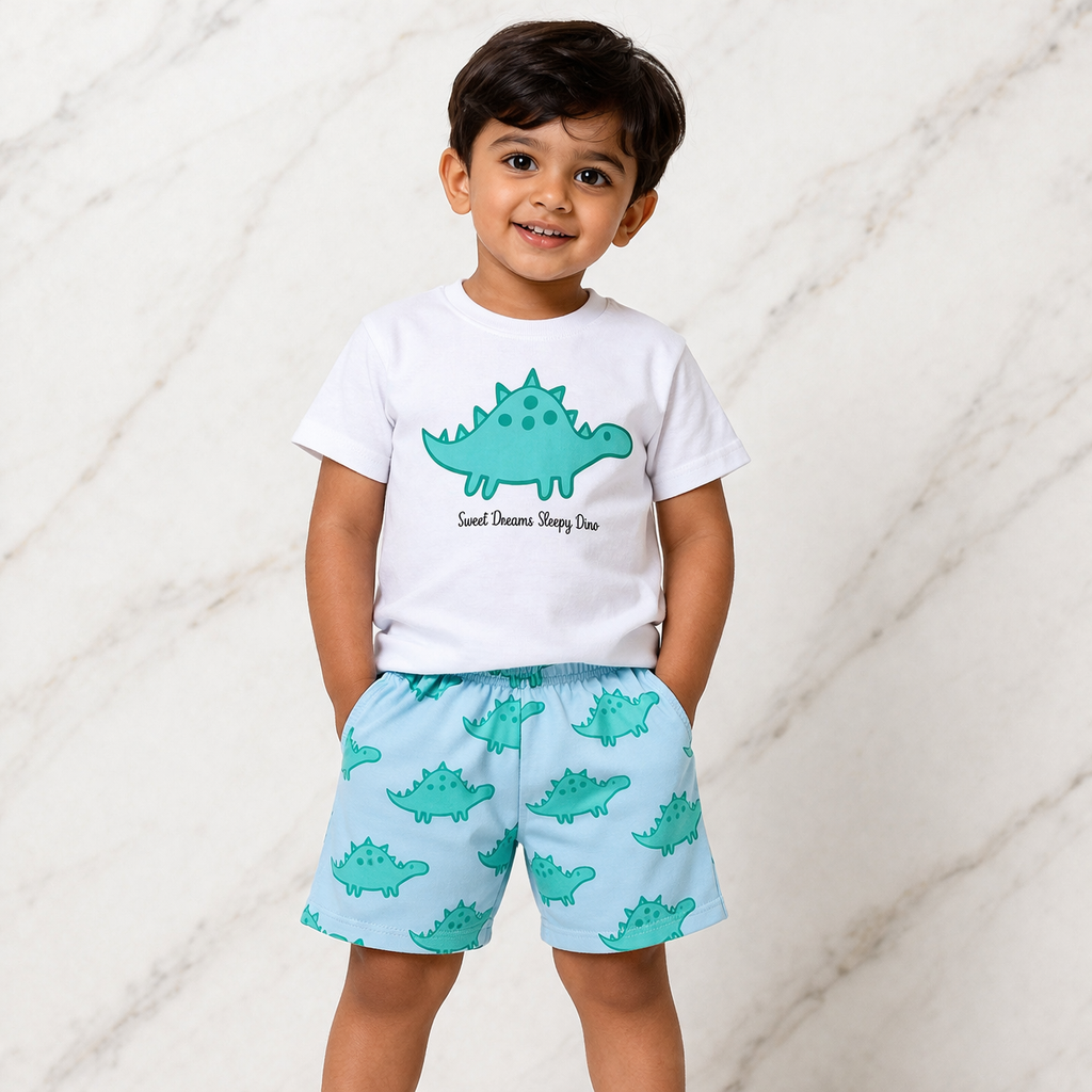 Kids Cotton Interlock 2-Pack T-Shirt & Shorts Set – Dinosaur Print Summer Co-ord Combo