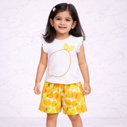 White Lemon Print Top & Shorts Set for Girls
