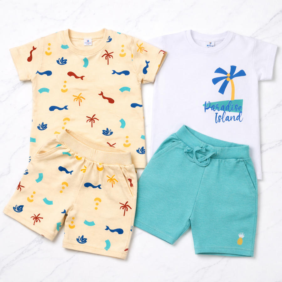 Kids Cotton Interlock 2-Pack T-Shirt & Shorts Set – Tropical Print Summer Co-ord Combo