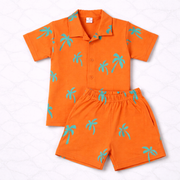 Kids Orange Palm Print Half Sleeves Shirt and Shorts Set