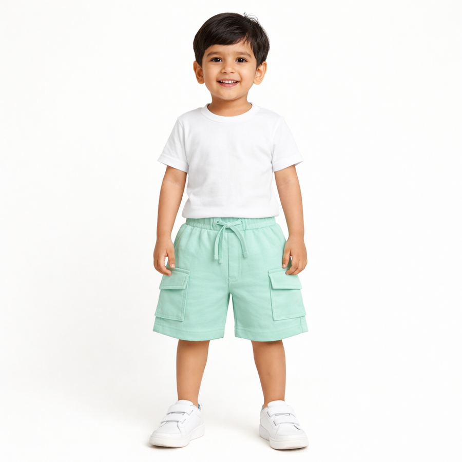 Kids Cotton Solid Cargo Shorts Set –Blue,Mint & Orange (Pack of 3)