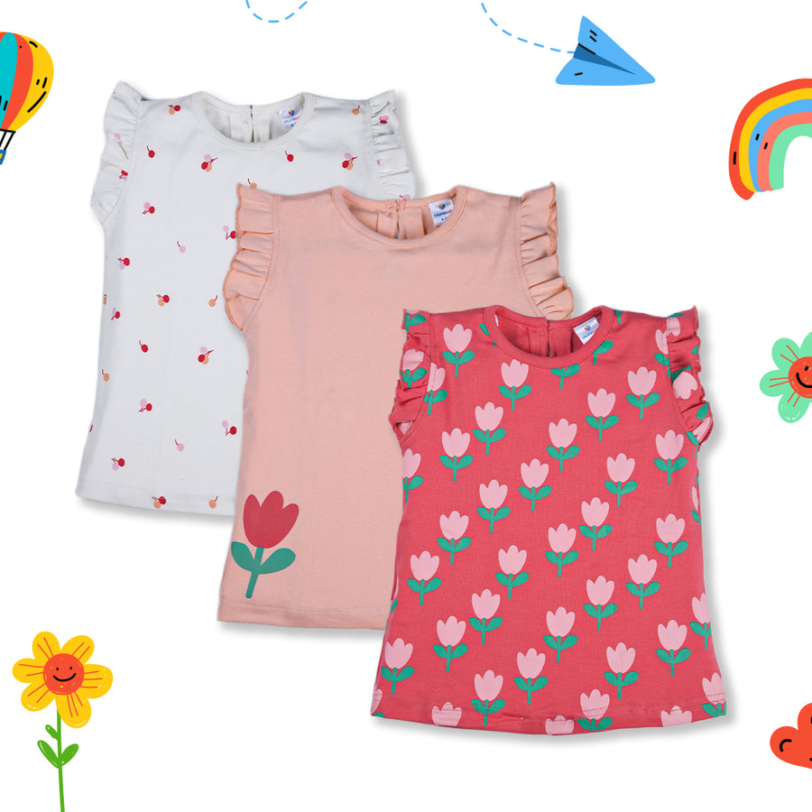 GIRLS TOPS FRILL SLEEVES PACK OF 3