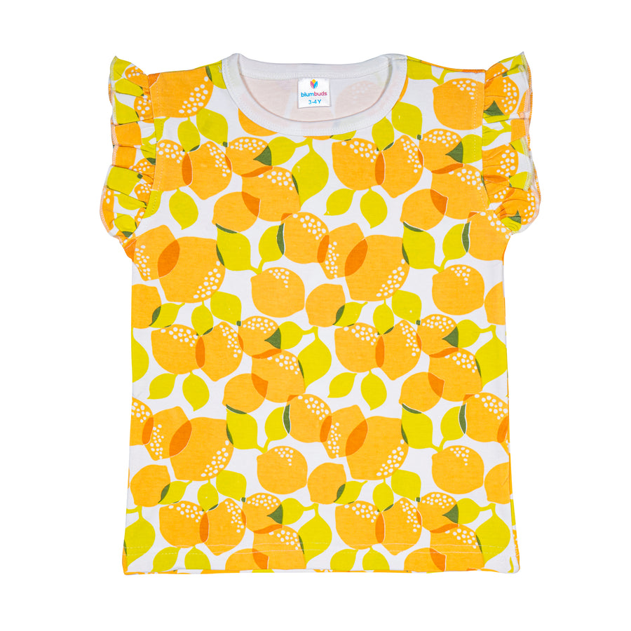 Lemon Print Cotton Ruffle Sleeve Top For Girls