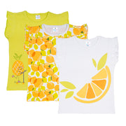 Cute White Lemon Print Graphic Ruffle Sleeve Top for Girls(Pack of 3)