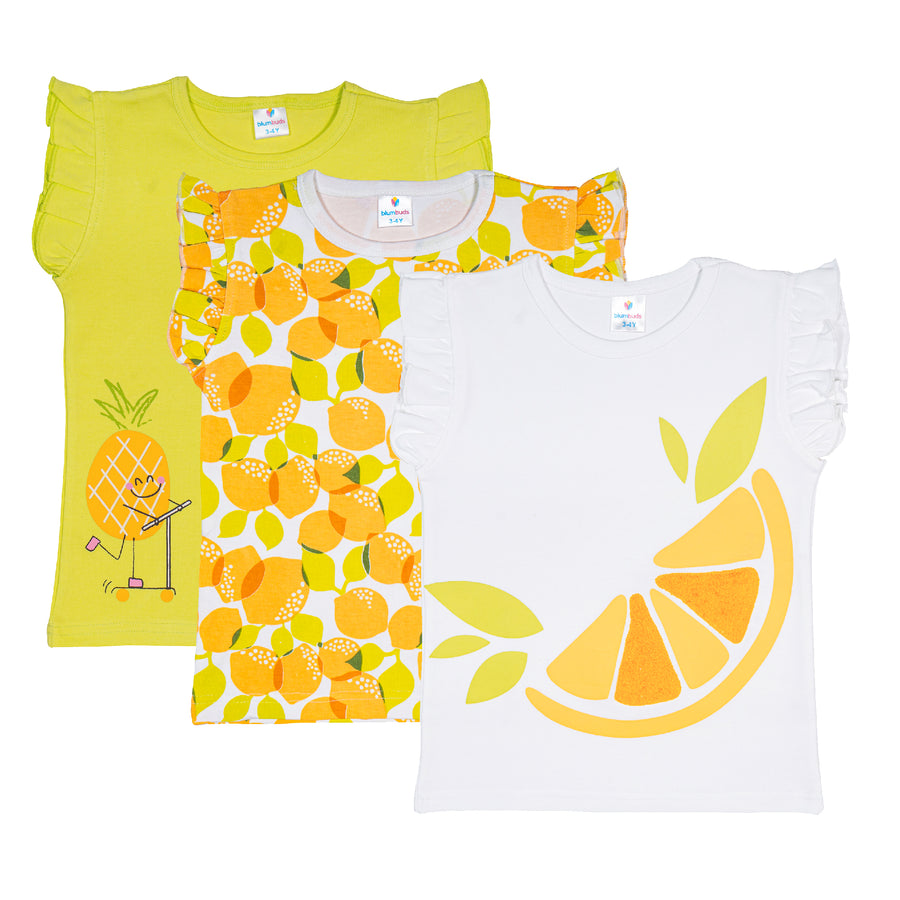 Cute White Lemon Print Graphic Ruffle Sleeve Top for Girls(Pack of 3)