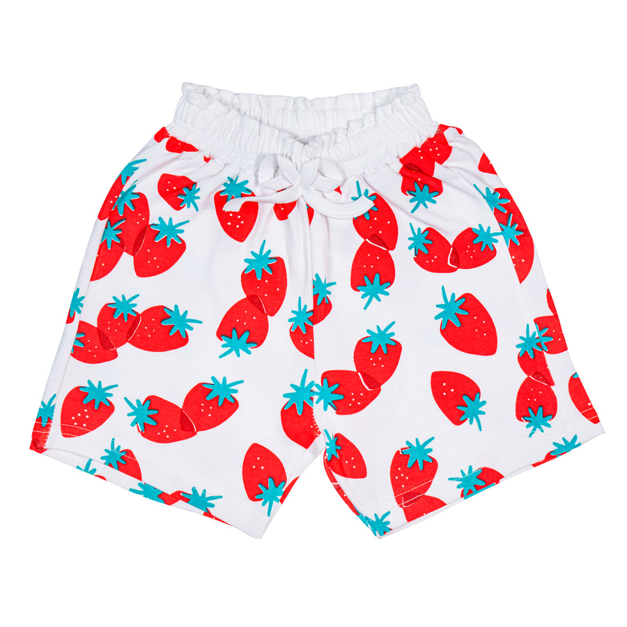 Girls Cotton Strawberry Print Shorts – White Elastic Waist