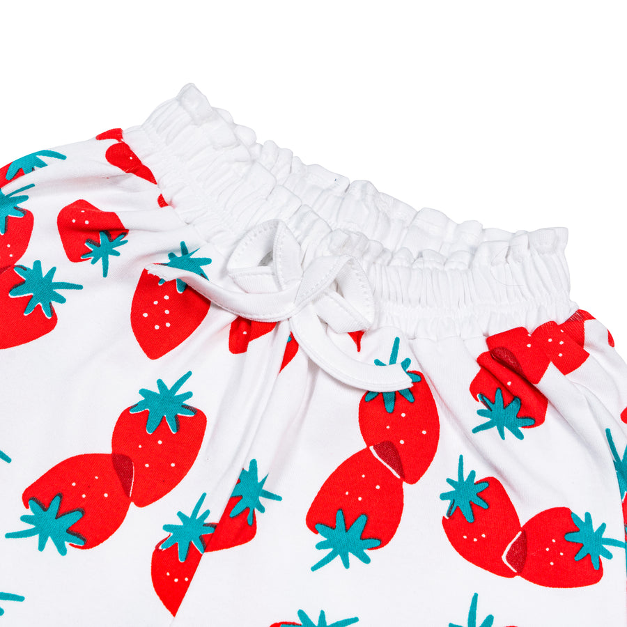 Girls Cotton Strawberry Print Shorts – White Elastic Waist