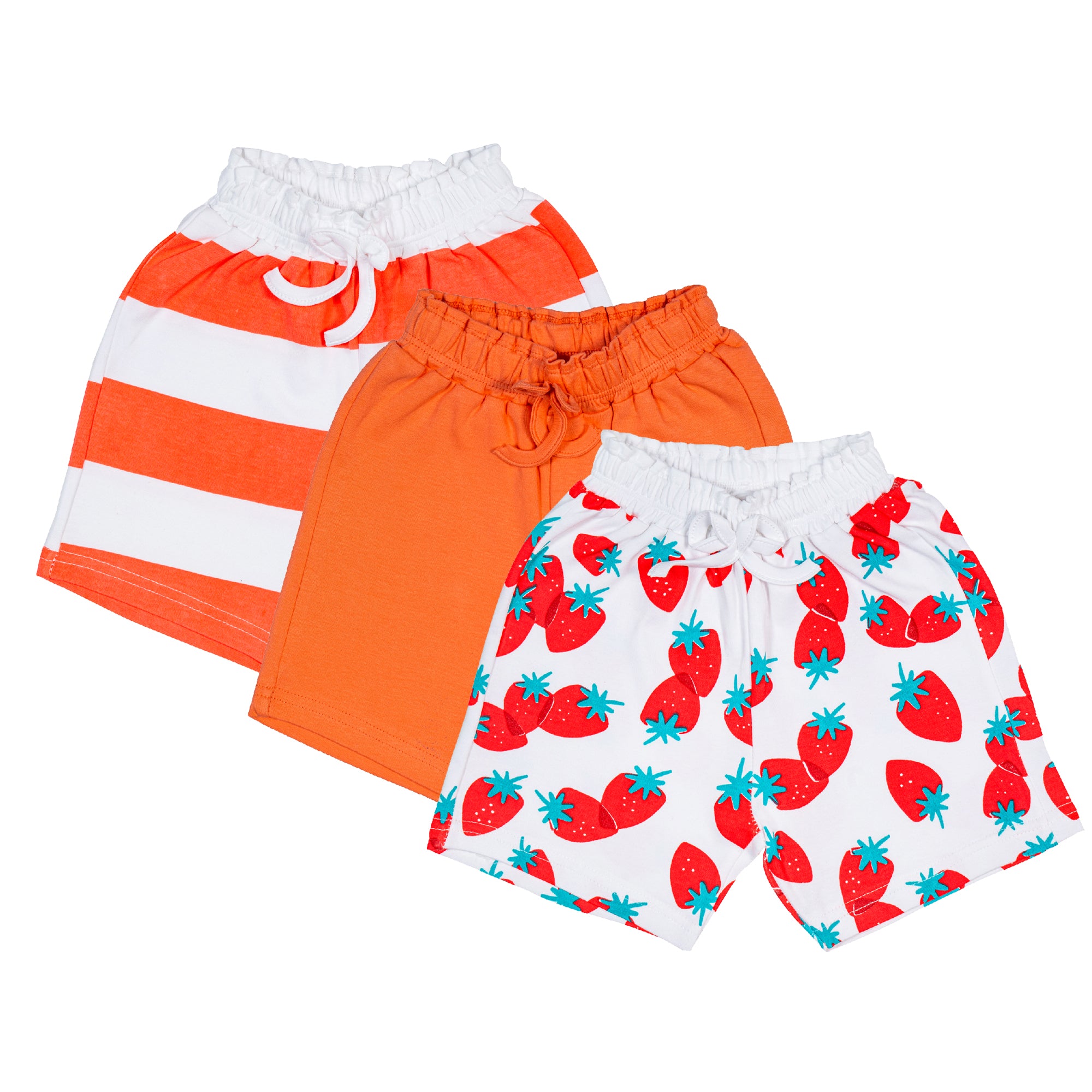 Girls Cotton Shorts Pack of 3 – Stripe, Solid & Strawberry Print