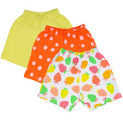 Baby Girl Cotton Shorts Combo (Pack of 3) – Lime Solid, Polka Dot & Strawberry Print