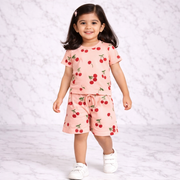 Cherry Print Co-ord Style T-Shirt & Shorts Set For Girls