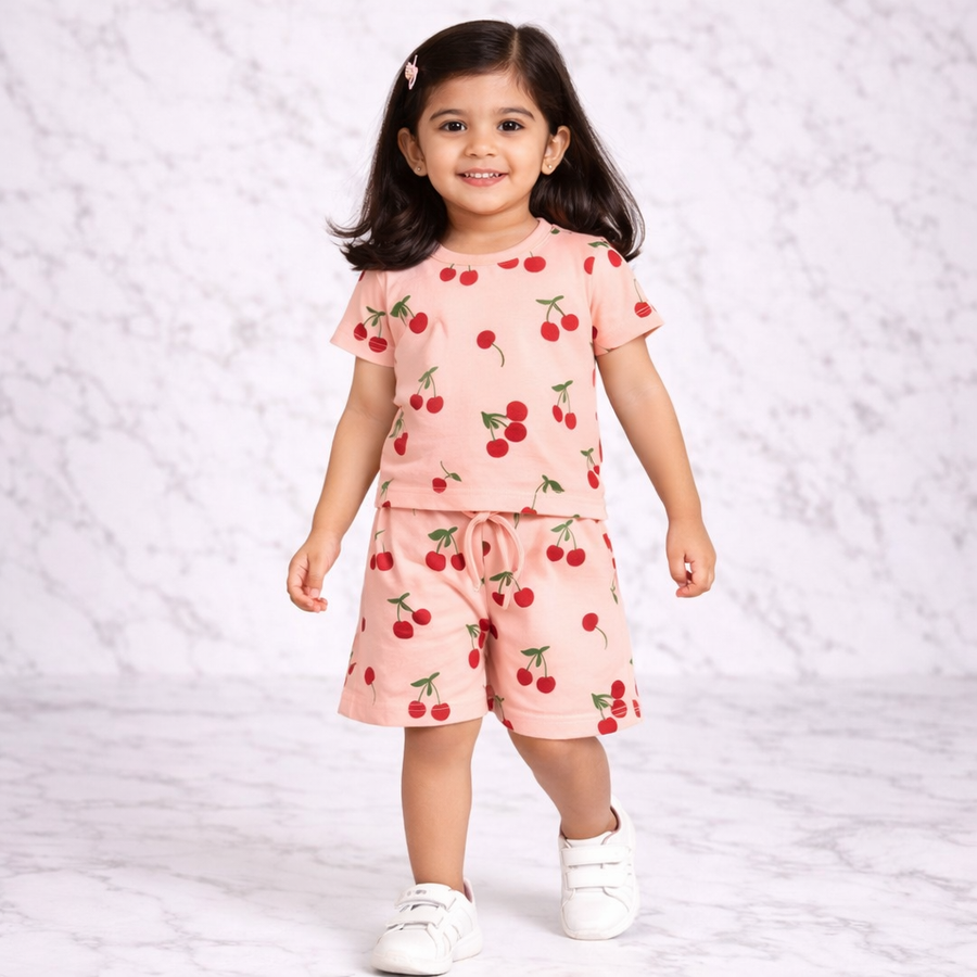 Cherry Print Co-ord Style T-Shirt & Shorts Set For Girls